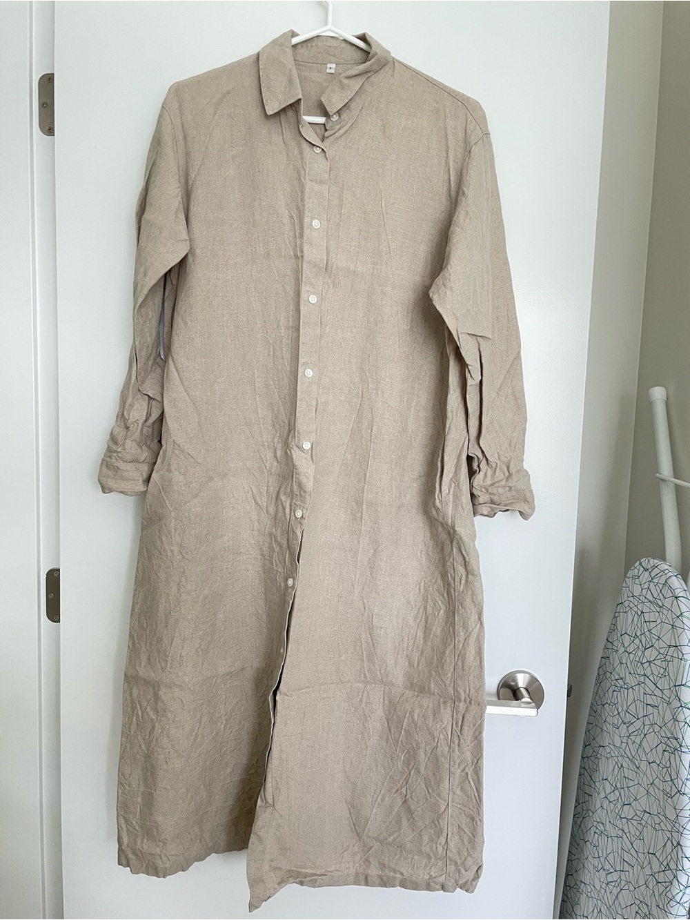 Muji Linen Button-Front Midi Shirt Dress in Beige
